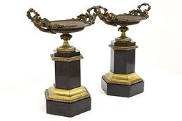 Pair of Victorian Antique Bronze & Marble Tazza Urn Stands, Grapes #43228