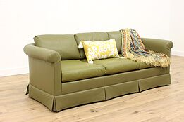 Traditional Vintage Green Leather Three Cushion Sofa, Baker #43016