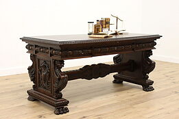 Italian Renaissance Antique Walnut Office Library Desk, Carved Griffins #42185
