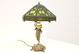 Stained Glass Shade Antique Newel Post Gas Lamp, Electrified #42915