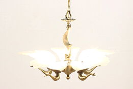 Art Deco Vintage Frosted Glass Shade 5 Light Chandelier, Peacocks #43427