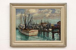 Marine Harbor w/ Fishing Boats Vintage Original Oil Painting, Pieper 34" #43120
