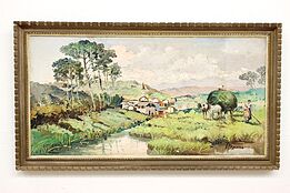 Villagers at Hay Harvest Time Vintage Original Oil Painting, Arnone 52" #43102