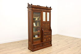 Victorian Eastlake Carved Walnut & Burl Antique Secretary Desk & Bookcase #43263