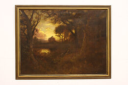 Hay Wagon at Sunset with Figures Antique Original Oil Painting 44" #43068