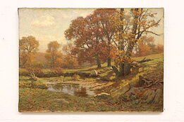 Autumn River Landscape Antique Original Oil Painting, Fitler 28.5" #42899