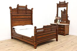 Victorian Eastlake Antique Walnut & Marble 2 Pc Bedroom Set, Full Size #42956