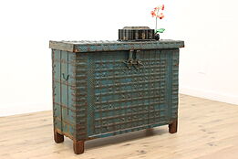 Indian Antique Painted Teak Dowry Trunk, Wrought Iron Bindings & Mounts #43409