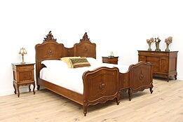French Antique Carved Walnut 4 Pc Bedroom Set, King Size Bed #34210