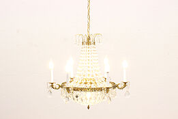 Swedish Vintage 6 Candle Brass Chandelier Crystal Prisms #43900