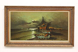 Beached Ships at Midnight Vintage Original Oil Painting, Torrielli 57.5" #44185