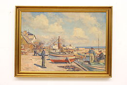 Bustling Fishing Harbor 1937 Vintage Original Oil Painting, Nyrop 55" #43635