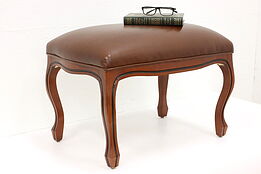 Traditional Carved Birch Vintage Leather Footstool, Ottoman, or Bench #44359