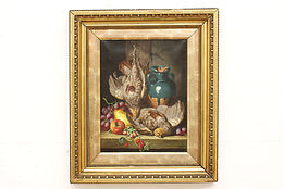 Victorian Antique Original Still Life Fruit & Bird Oil Painting Bale 27"  #44628