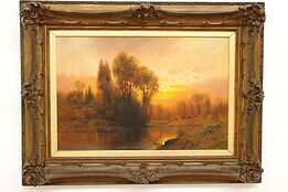 Victorian River Sunset Scene Original Antique Oil Painting, Felix 41" #43812