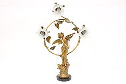 Art Nouveau Antique Angel Playing Violin Newel Post Lamp, Marble Base #44652
