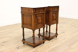 Pair of French Antique Carved Oak Nightstands or End Tables, Marble Tops #44329