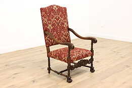 Throne or Hall Chair, Hand Carved Italian Antique, New Upholstery  #44593