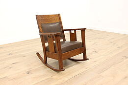 Arts & Crafts Mission Oak Rocking Chair Antique Craftsman Rocker, Leather #43838