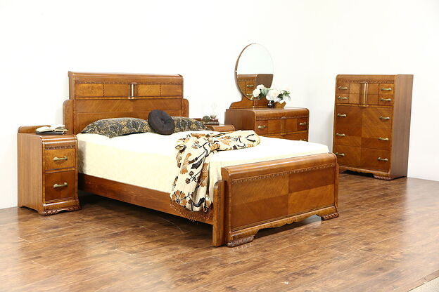 Art Deco Waterfall 5 Pc. Vintage Bedroom Set, Queen Size Bed, Signed Lenoir photo