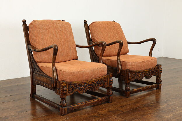 Pair English Tudor Carved Oak Club Chairs, New Upholstery, Kittinger #39947 photo