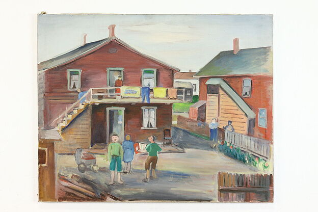 "Back Yards" Vintage Unframed Original Oil Painting, Grumieaux 30" #39485 photo