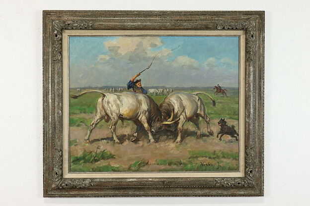 Cowboy & White Bulls Vintage Original Oil Painting, Viski 38.5" #39491 photo