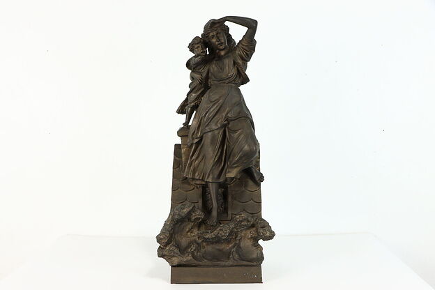 Mother & Baby Statue Escaping Fire, Victorian Antique Sculpture #39174 photo