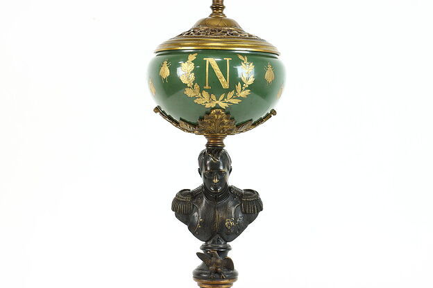 Napoleon Bronze Bust Antique Oil Lamp, Bee Motif, Electrified #39813 photo