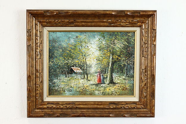 Forest with Women & Cottage Vintage Original Oil Painting, Hertz 23.5" #39383 photo
