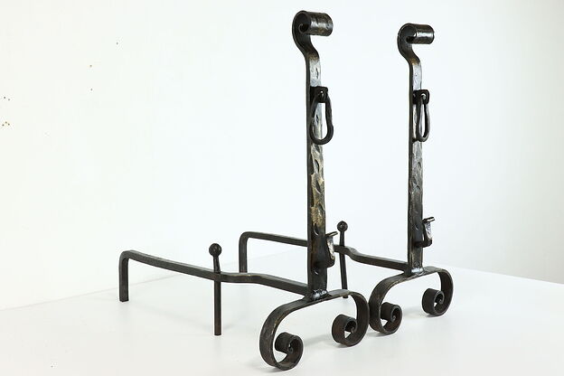 Pair of Farmhouse Hand Wrought Iron Antique Fireplace Andirons #39697 photo