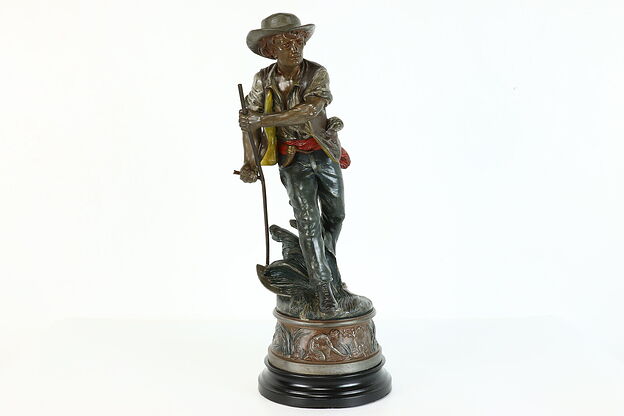 Victorian Antique Spelter Statue of Farmer Reaping Wheat, Figures on Base #39792 photo