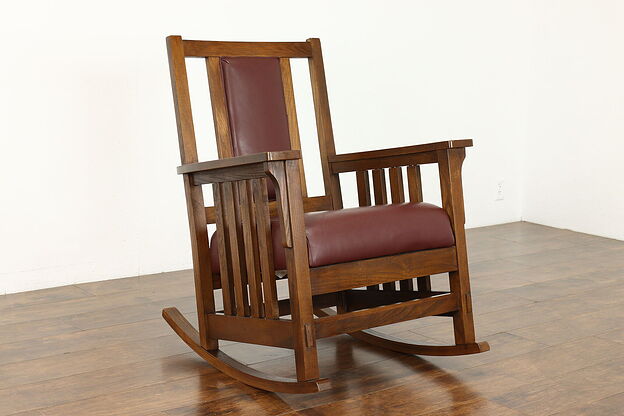 Arts & Crafts Mission Oak Vintage Craftsman Leather Rocking Chair, Moore #39700 photo