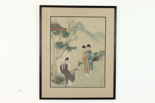 Japanese Women & Flutist Antique Original Watercolor Painting, 23" #39714 photo