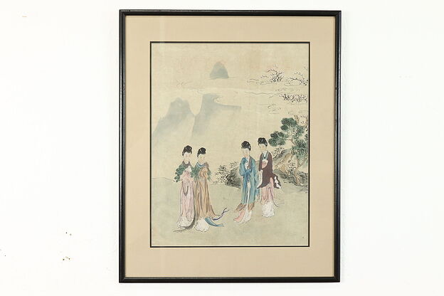 Japanese Women & Mountains Antique Original Watercolor Painting, 23" #39721 photo