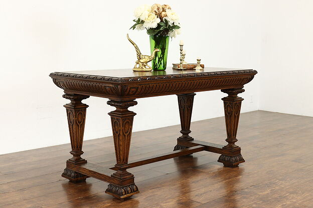 Renaissance Antique French Carved Oak Library or Hall Table, Office Desk #35927 photo