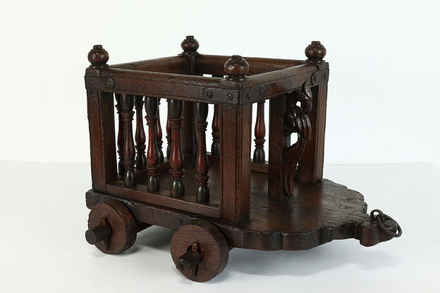 Asian Antique Chestnut Child Size Toy Cart, Carved Peacock & Iron Ring #39513 photo
