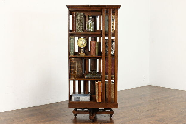 Victorian Oak Antique Spinning Chairside Revolving Bookcase #39550 photo