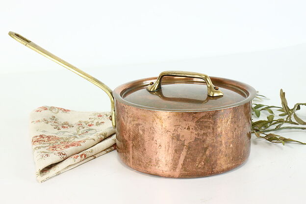 Farmhouse French Vintage Solid Copper Sauce Pan with Lid, Brass Handles #38099 photo