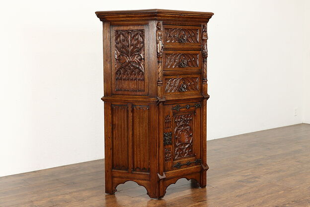 Gothic Carved Oak Antique European Cabinet, Hall Cupboard or Pantry #38687 photo