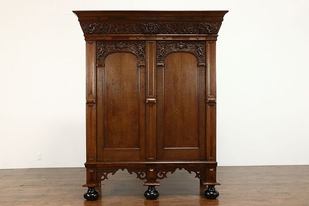 Dutch Traditional Antique 1670 Carved Oak Kas, Dowry Armoire or Cabinet #38722 photo