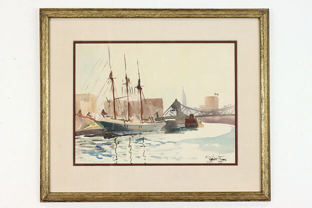 Newtown Creek, NY Original Antique Watercolor Painting, 1928 Lever 26.5" #38913 photo