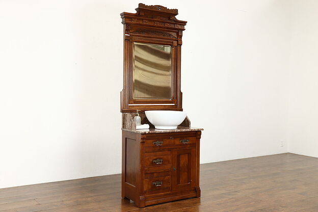 Victorian Eastlake Antique Washstand with Marble Top, Beveled Mirror #38936 photo