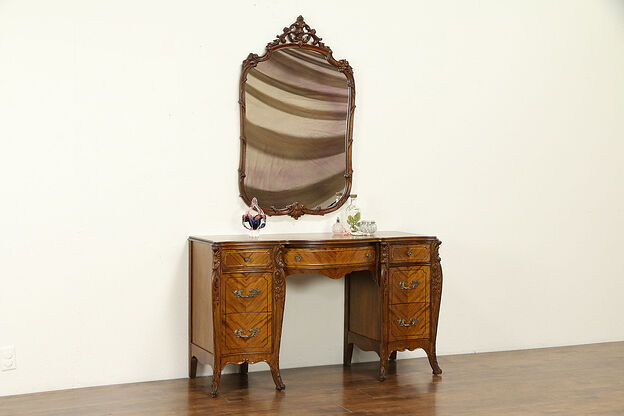 Satinwood Carved Vintage Desk Vanity, Dressing Table & Mirror #32121 photo