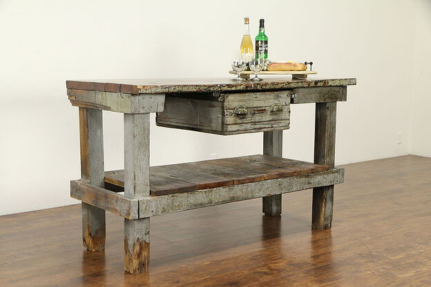 Primitive Country Pine Workbench, Kitchen Island or Wine & Cheese Table #32123 photo