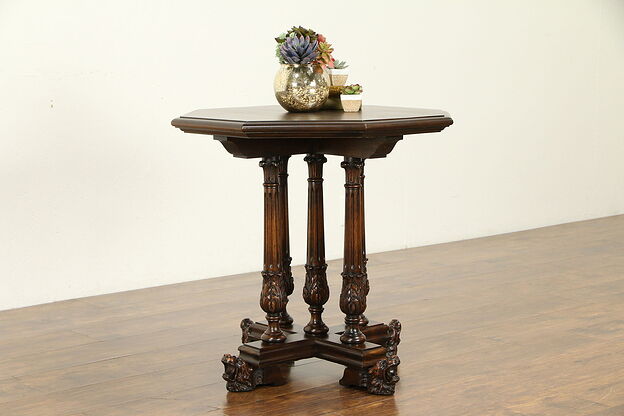 English Tudor Antique Hall or Lamp Table, Carved Heads & Columns #32179 photo