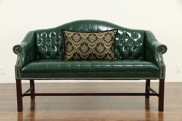Traditional Camel Back Faux Leather Vintage Loveseat, Brass Nailheads #32258 photo