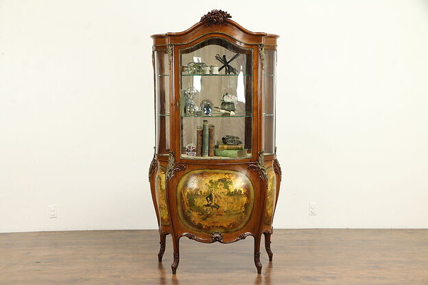 French Antique Bombe Curved Glass Vitrine Curio China Cabinet, Painting #32296 photo