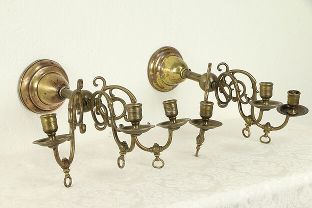 Pair of Antique Architectural Salvage Brass Triple Gas Wall Sconce Lights #32320 photo