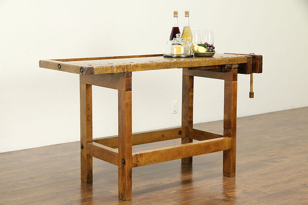 Carpenter Antique Maple Workbench, Kitchen Island or Wine & Cheese Table #32325 photo
